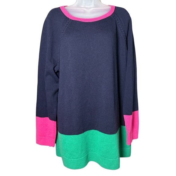 TALBOTS Plus Tunic Sweater Lambs Wool Blend Color Block Navy Pink Green Size 2XL - Picture 1 of 5